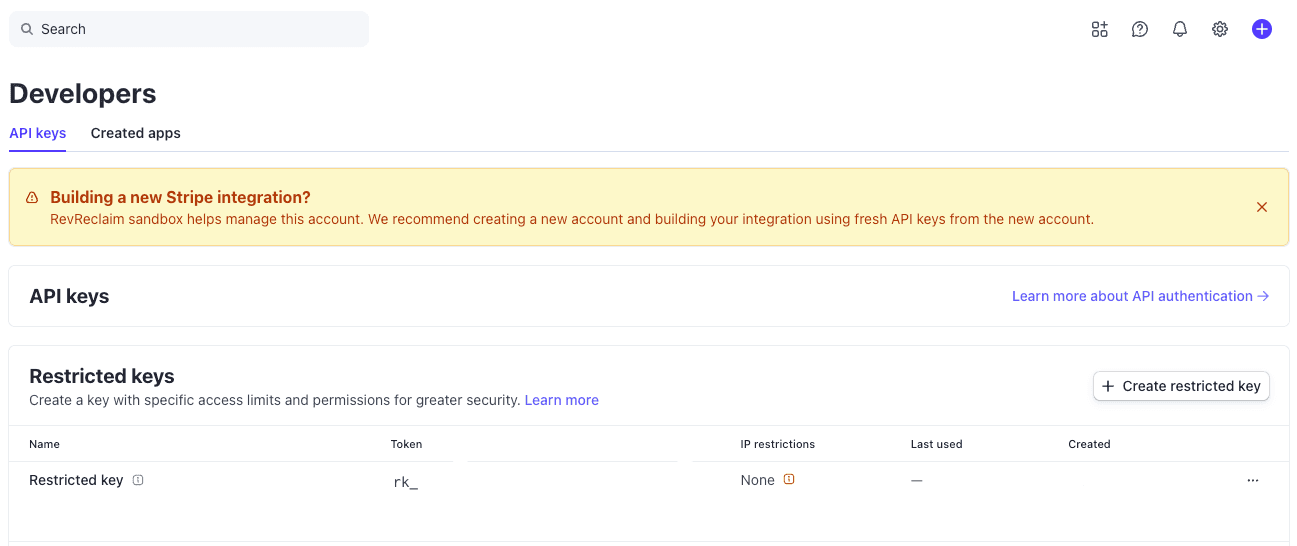 Stripe Developers page showing API Keys section with Create restricted key button