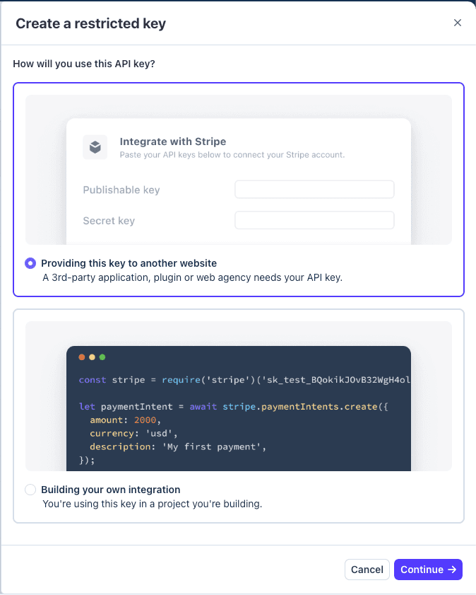 Create restricted key dialog with "Providing this key to another website" selected