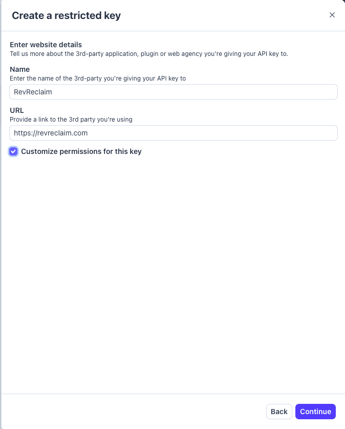 Filling in RevReclaim as key name and revreclaim.com as URL